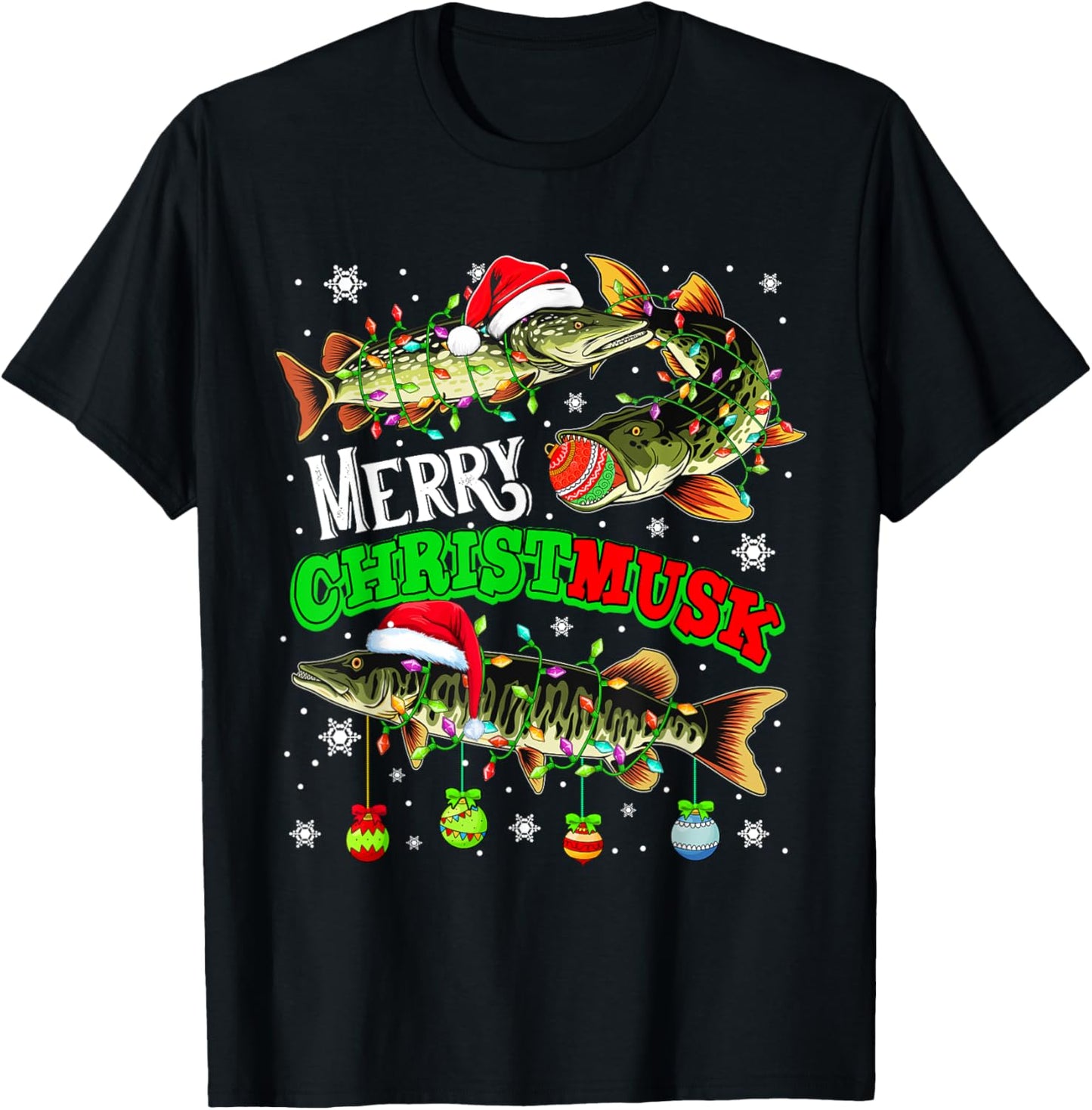 Merry Christmas Musky Three Santa Muskies Fisher Fishing T-Shirt - T-Shirt | Black