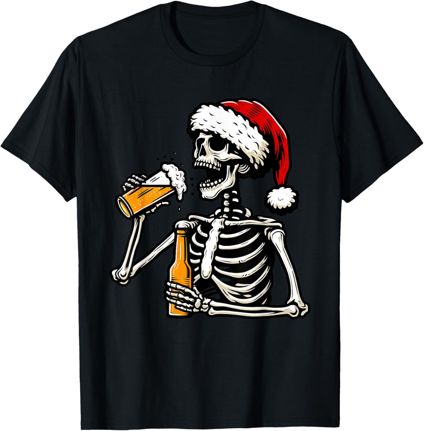 Christmas Santa Skull Skeleton Beer Drinking Drinker T-Shirt - T-Shirt | Black