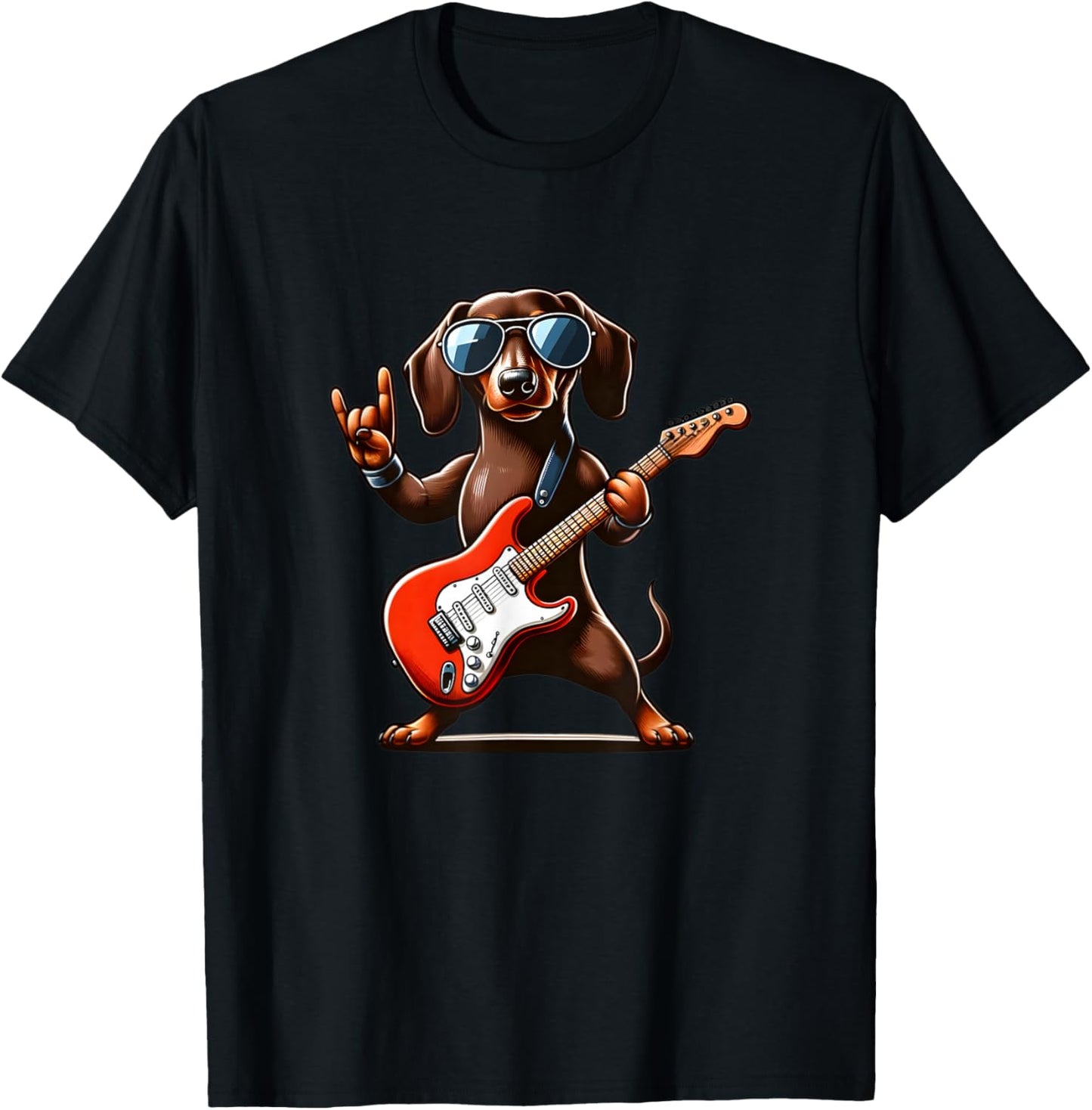 Funny Dachshund Dog Playing Guitar Dachshund Lover Guitarist T-Shirt - T-Shirt | Black