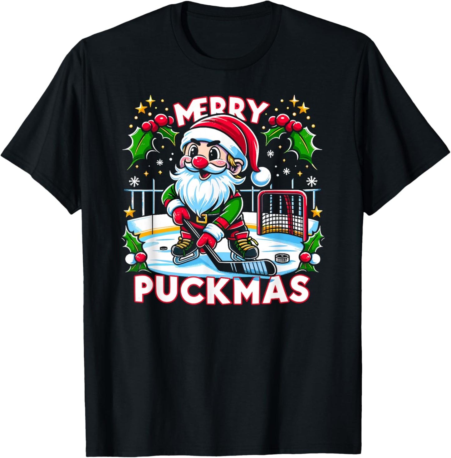 Ice Hockey Gnome, Merry Puckmas, Icehockey Player Christmas T-Shirt - T-Shirt | Black