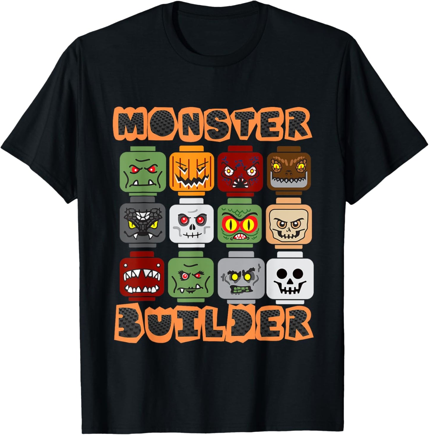 Halloween Building Bricks Monster Builder Brick Head Funny T-Shirt - T-Shirt | Black