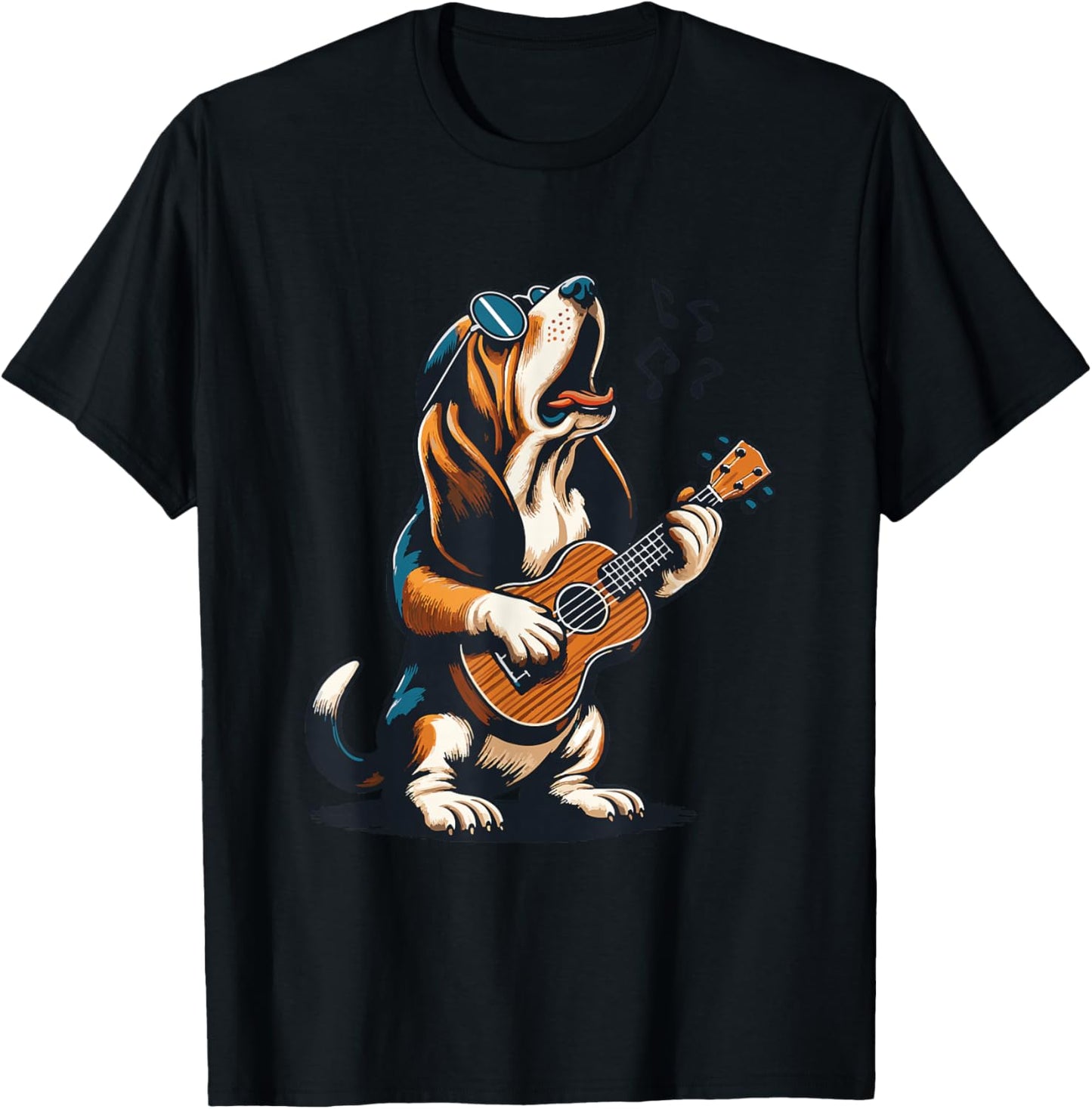 Dog Playing Guitar Singing Basset Hound Funny T-Shirt - T-Shirt | Black