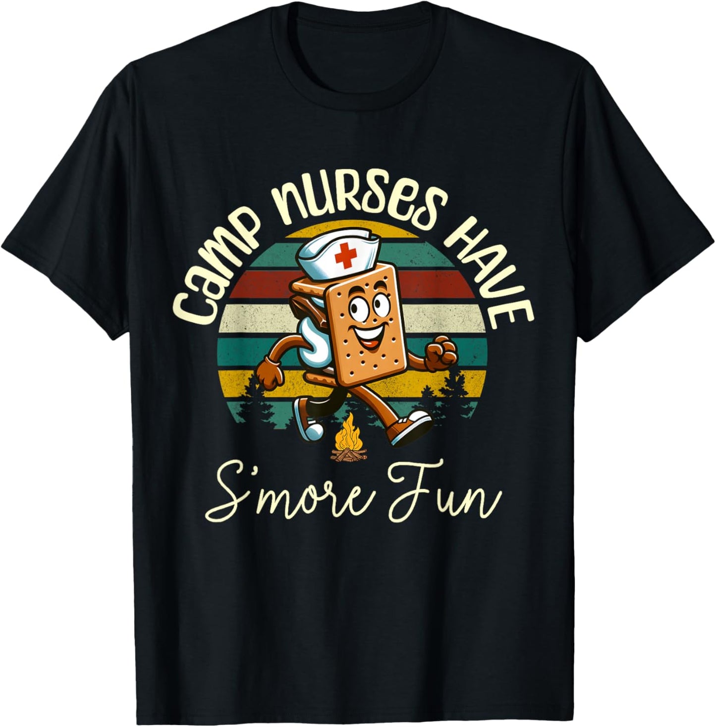 Camp Nurse Retro Camper Nature Camping Trip S'Mores Campfire T-Shirt - T-Shirt | Black