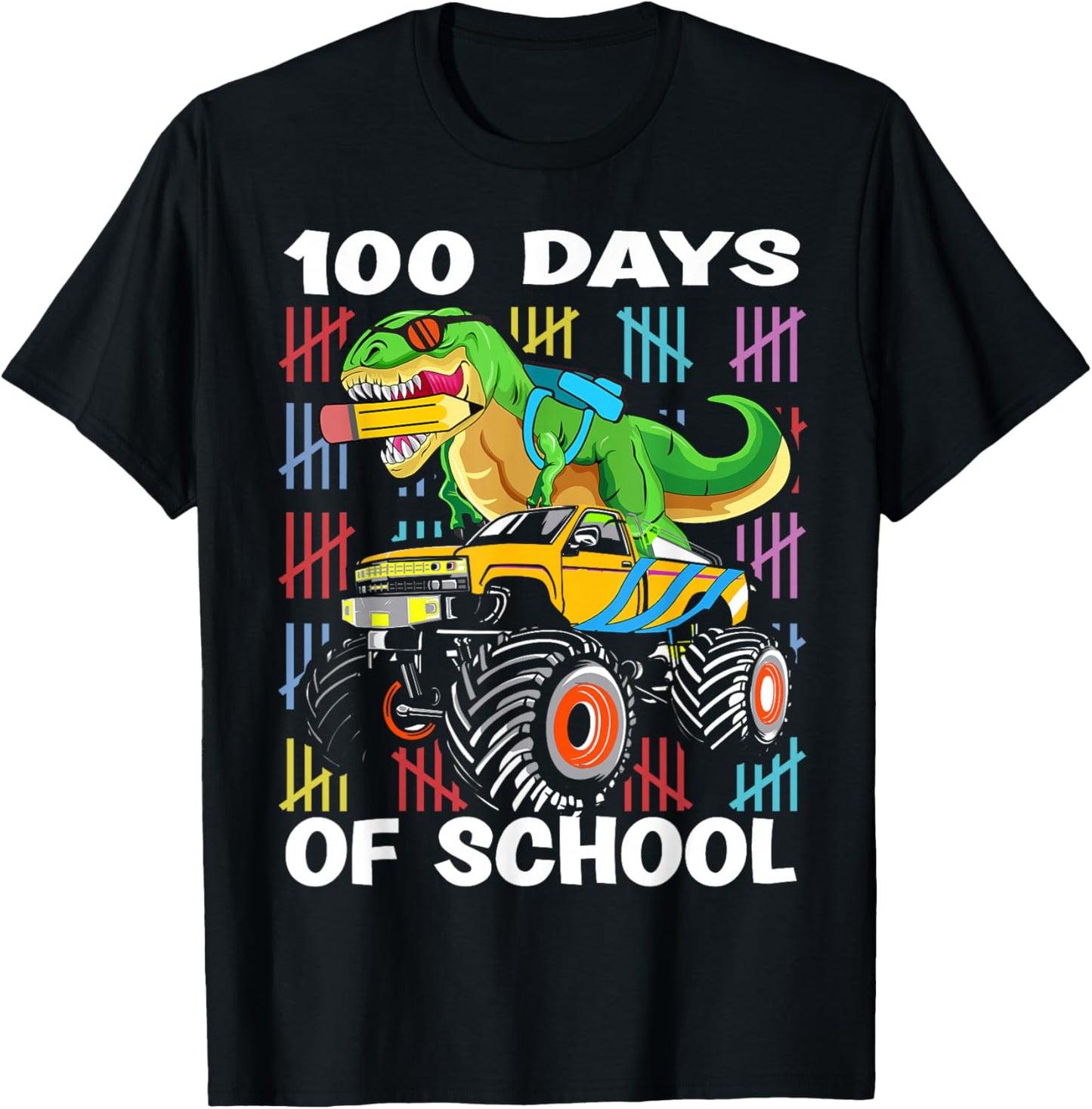 100th Day of School 100 Days School Truck Dinosaur Boys Kids T-Shirt - T-Shirt | Black