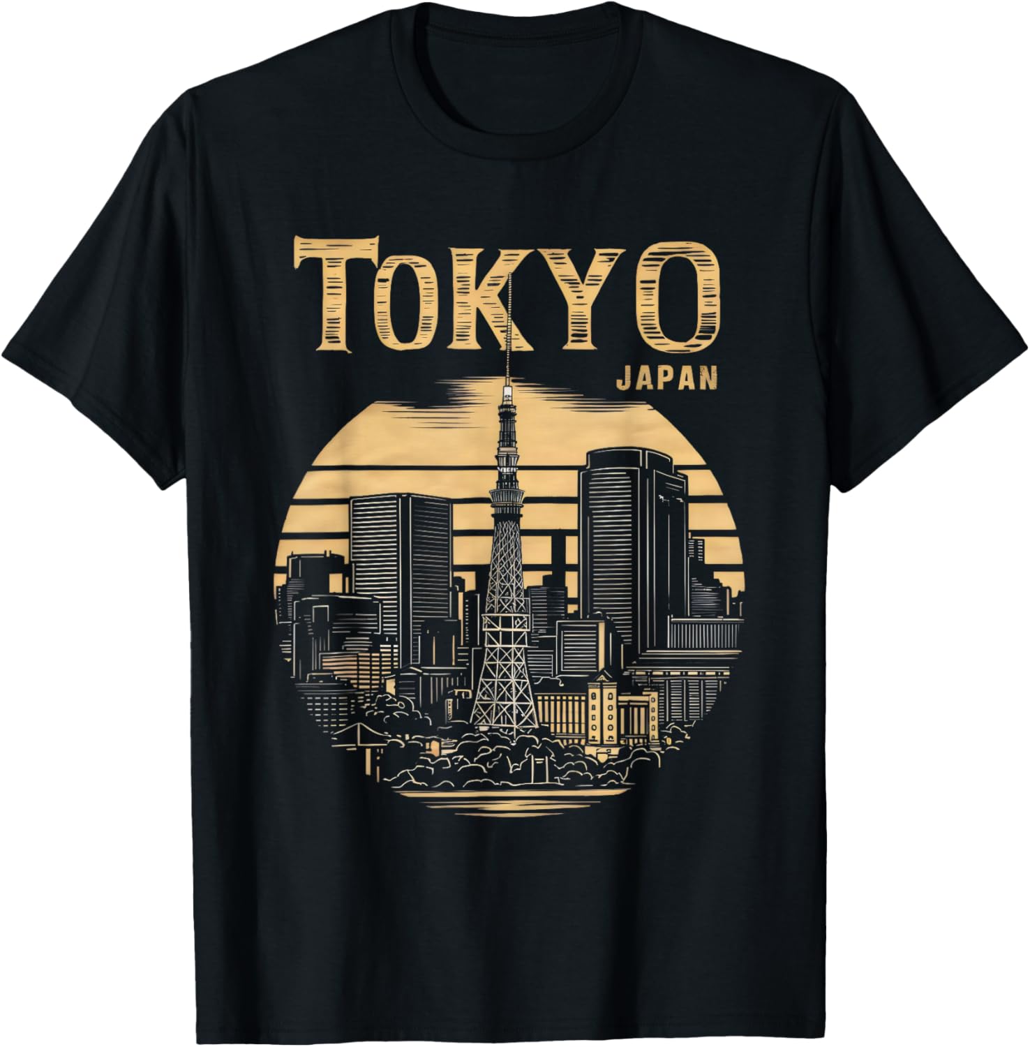 Tokyo Skyline Tower Woodblock Japanese Style Art Japan T-Shirt - T-Shirt | Black
