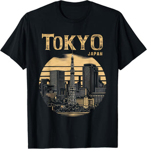 Tokyo Skyline Tower Woodblock Japanese Style Art Japan T-Shirt - T-Shirt | Black