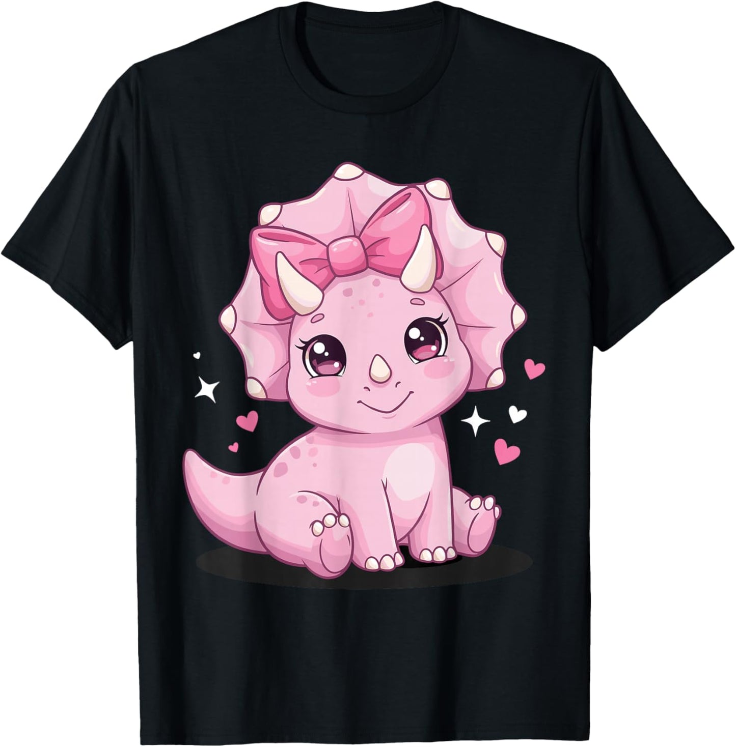 Pink Triceratops with Bow Cute Dinosaur Artwork T-Shirt - T-Shirt | Black
