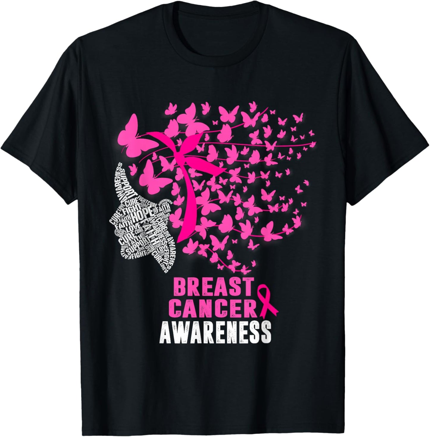 Breast Cancer Awareness Butterfly Pink Ribbon Support T-Shirt - T-Shirt | Black