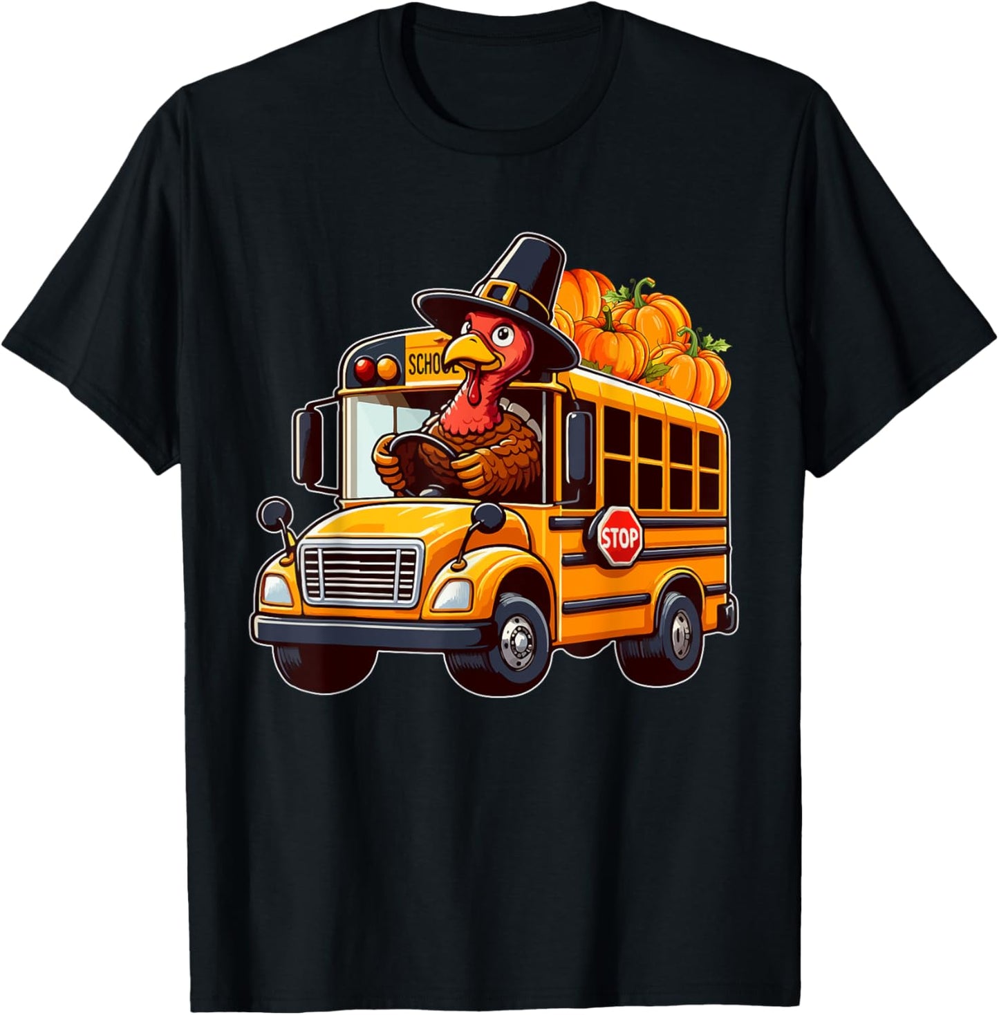 Turkey Driving School Bus Thanksgiving Driver Fall Pumpkins T-Shirt - T-Shirt | Black