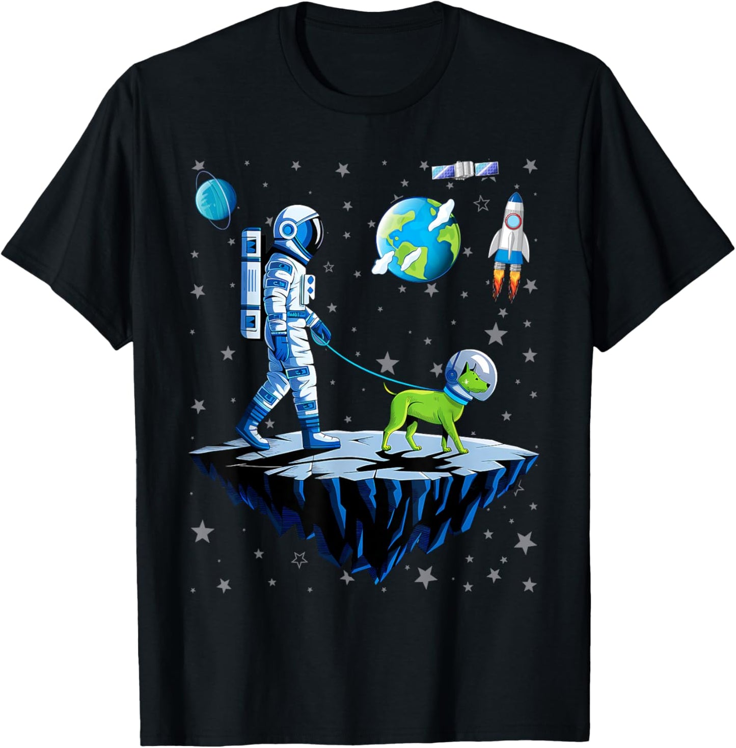 Space Astronaut Walking Alien Dog Planet T-Shirt - T-Shirt | Black