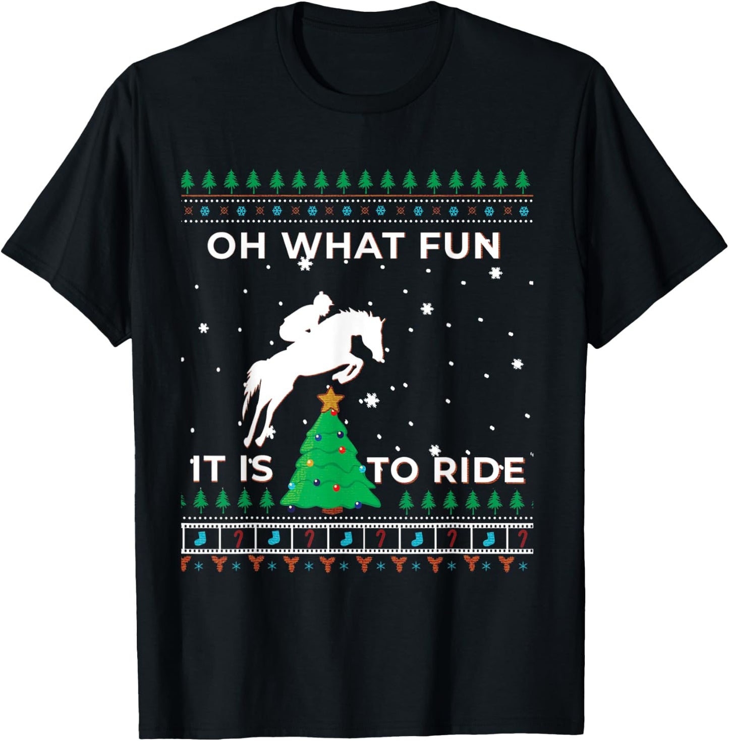 Horse Rider Equestrian Cowboy Ugly Christmas Sweater Jumper T-Shirt - T-Shirt | Black