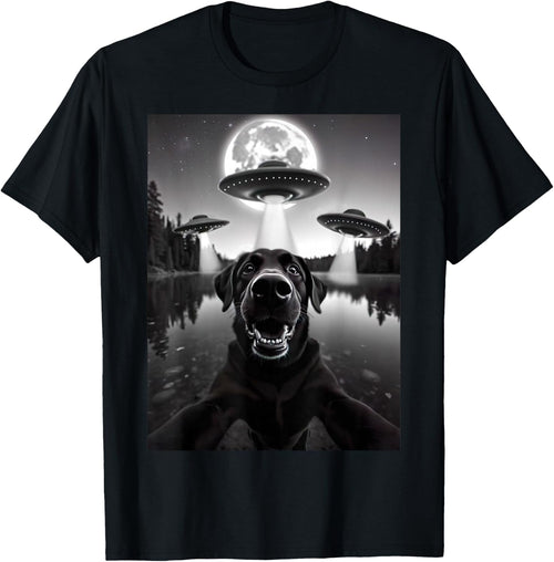 Funny Black Lab Labrador Dog Selfie with UFOs Weird Aliens