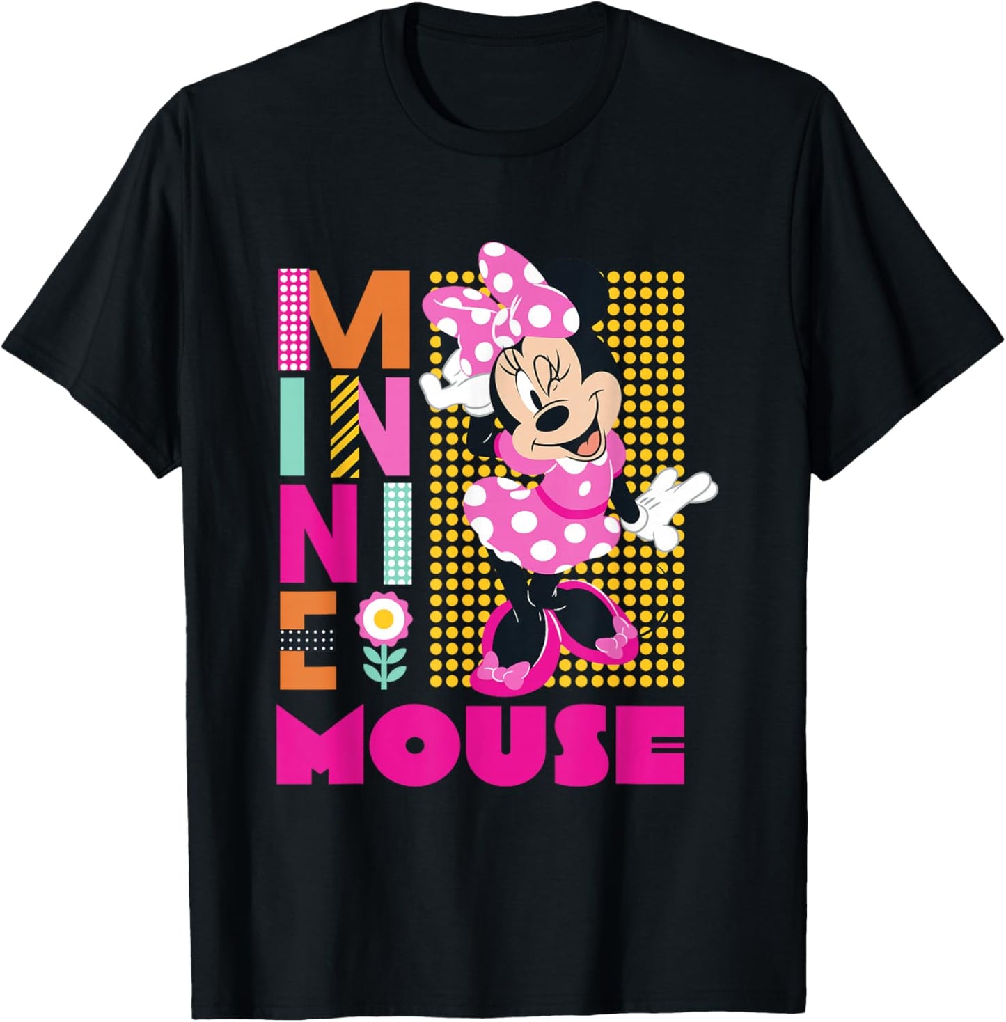 Disney Minnie Mouse Smiling Polka Dot Retro Logo Stack T-Shirt - T-Shirt | Black
