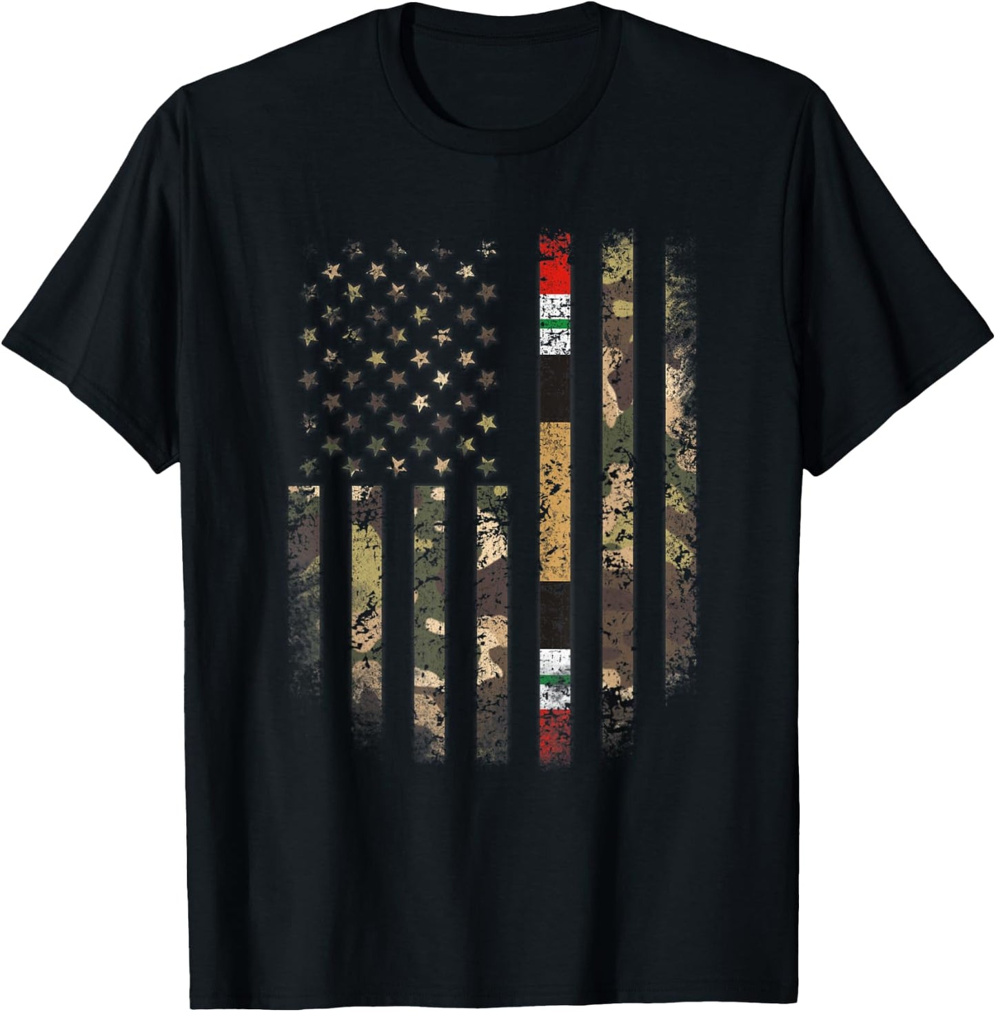Proud Iraq War Veteran Camo US Flag Ribbon Military Family T-Shirt - T-Shirt | Black