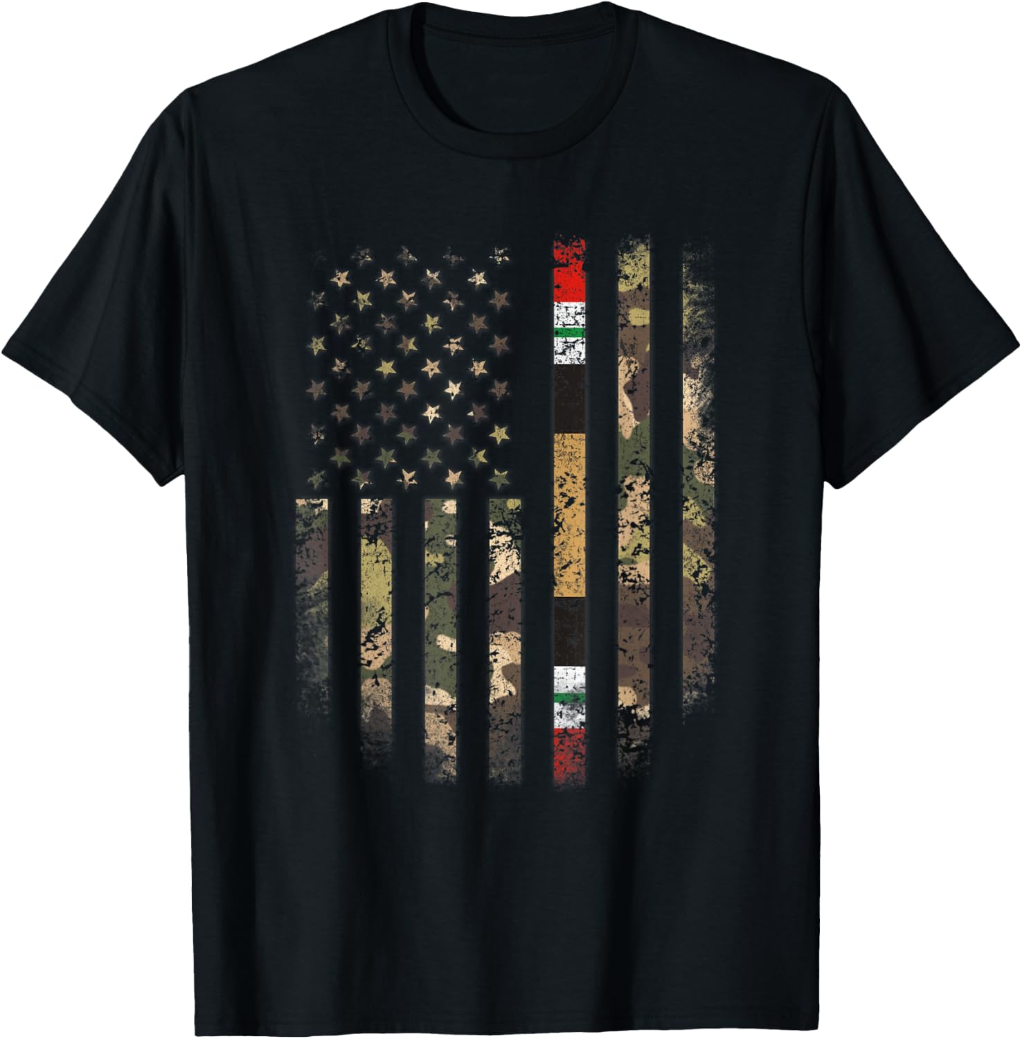 Proud Iraq War Veteran Camo US Flag Ribbon Military Family T-Shirt - T-Shirt | Black