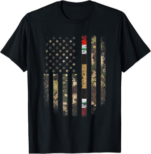 Proud Iraq War Veteran Camo US Flag Ribbon Military Family T-Shirt - T-Shirt | Black
