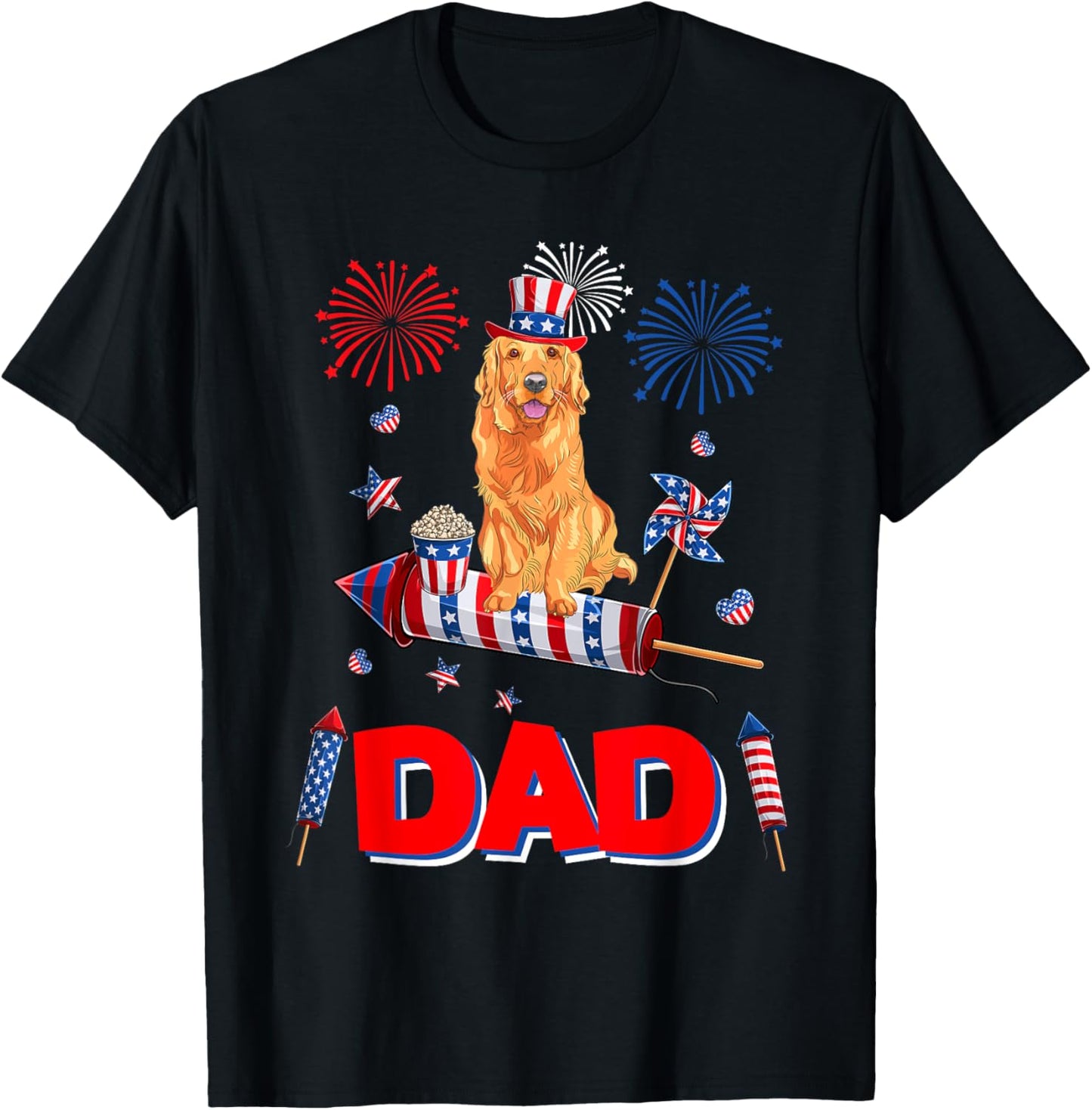 Dad Cute Golden Retriever 4th July American Flag Fireworks T-Shirt - T-Shirt | Black