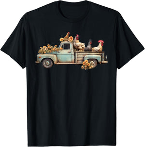 Vintage Chicken Truck Floral Farm Animals Farmer Farming T-Shirt - T-Shirt | Black