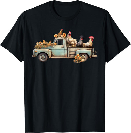 Vintage Chicken Truck Floral Farm Animals Farmer Farming T-Shirt - T-Shirt | Black