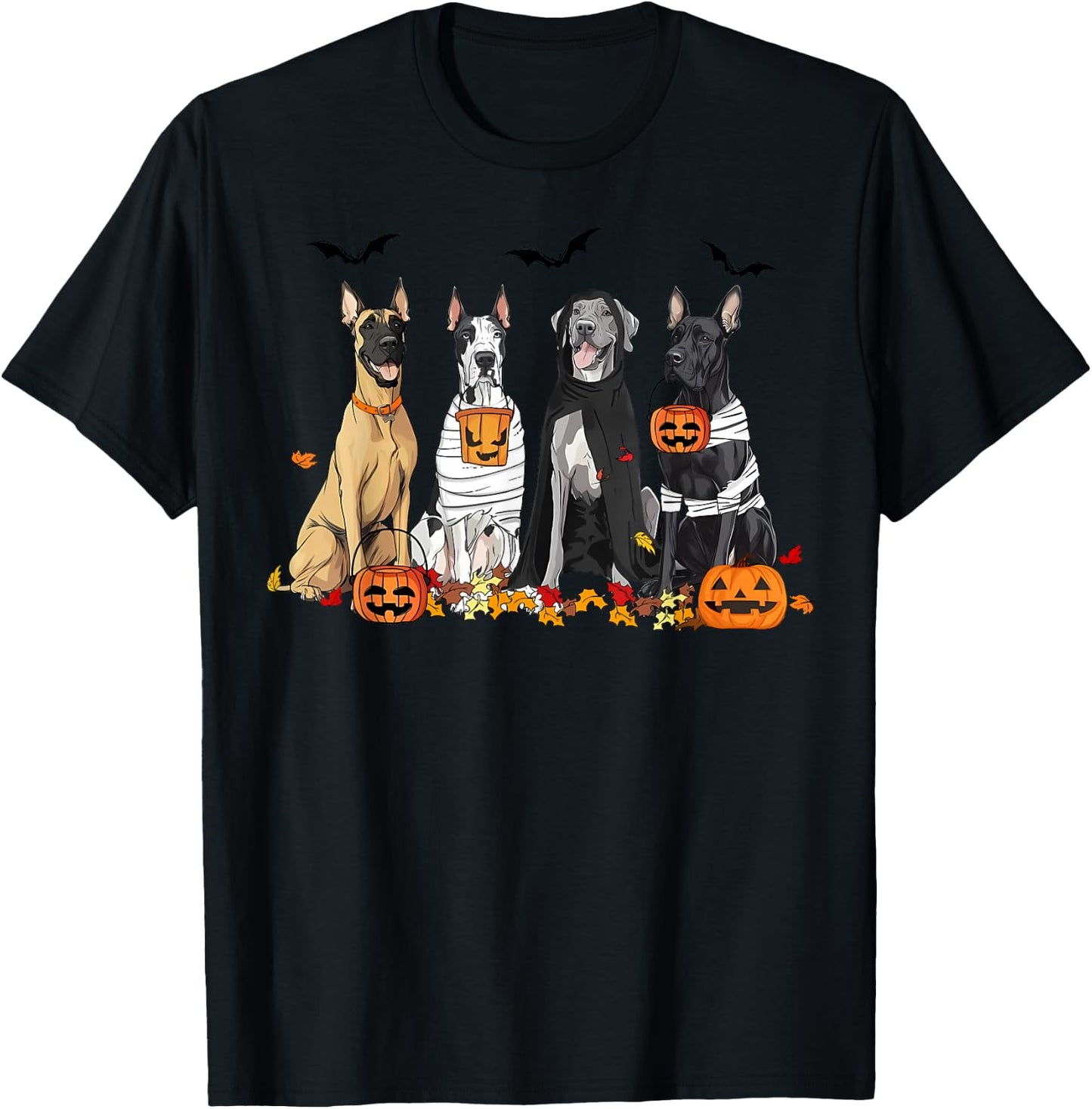 Cute Great Dane Dogs Ghost Witch Mummy Halloween Pumpkins T-Shirt - T-Shirt | Black
