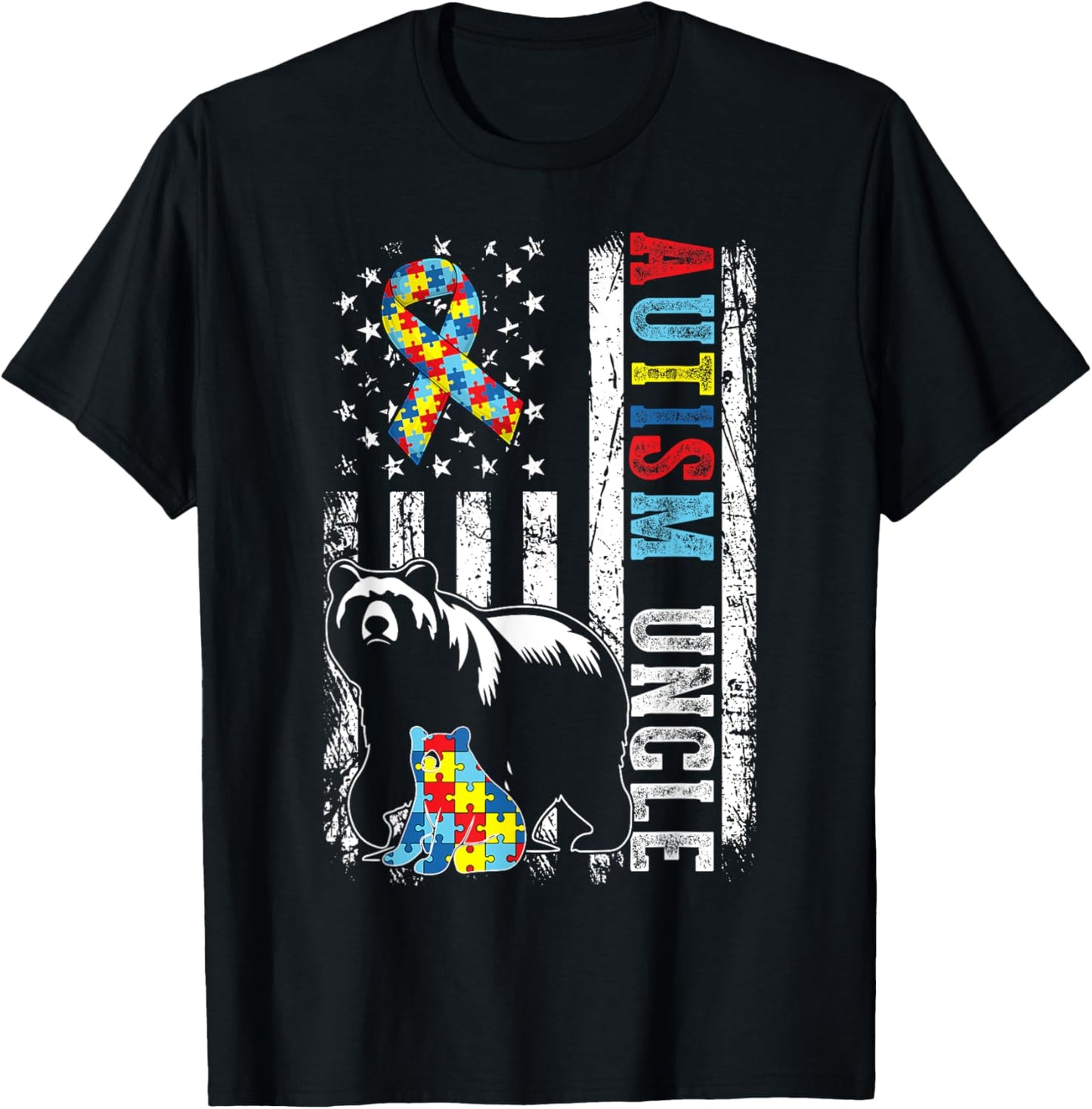 Autism Uncle Bear With Puzzles & USA Flag Distressed T-Shirt - T-Shirt | Black
