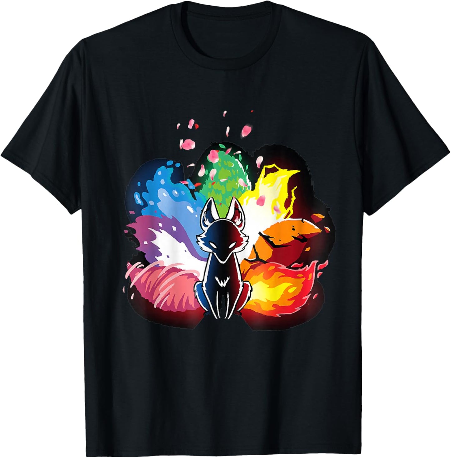 Japanese Fox Kitsune Seven Elements Cherry Flower Blossom T-Shirt - T-Shirt | Black