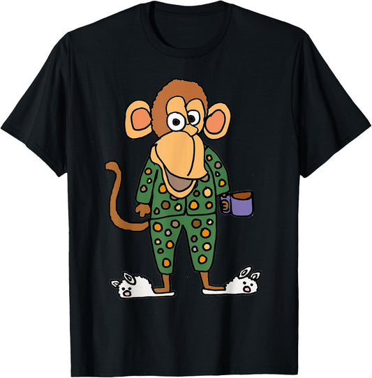 Smilealotteesa Funny Monkey in Pajamas Cartoon T-Shirt - T-Shirt | Black