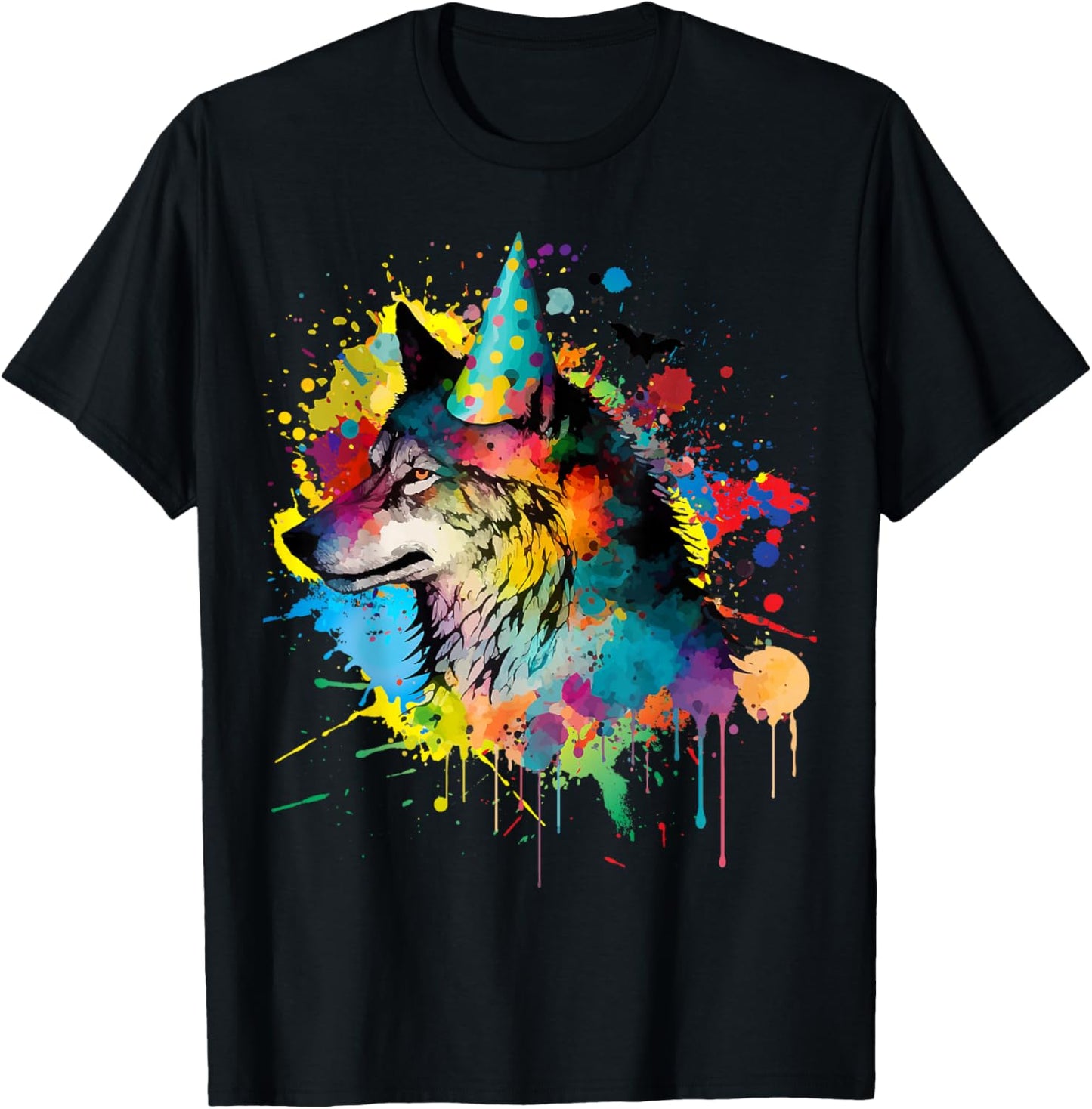Wolf Birthday Hat Themed Party Wolves Painting Wolf Lover T-Shirt - T-Shirt | Black
