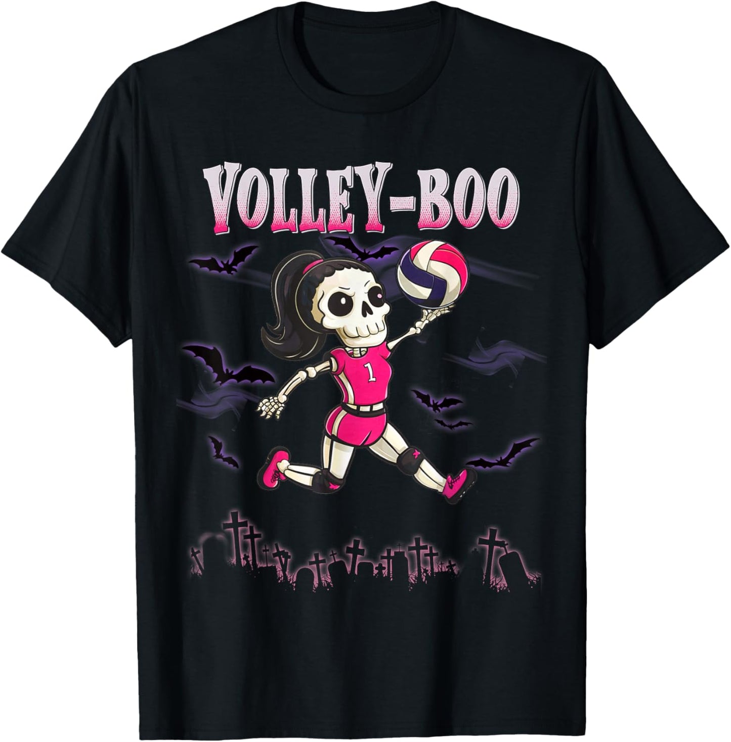 Volleyball Teen Halloween Skeleton Girl October Volley-Boo T-Shirt - T-Shirt | Black