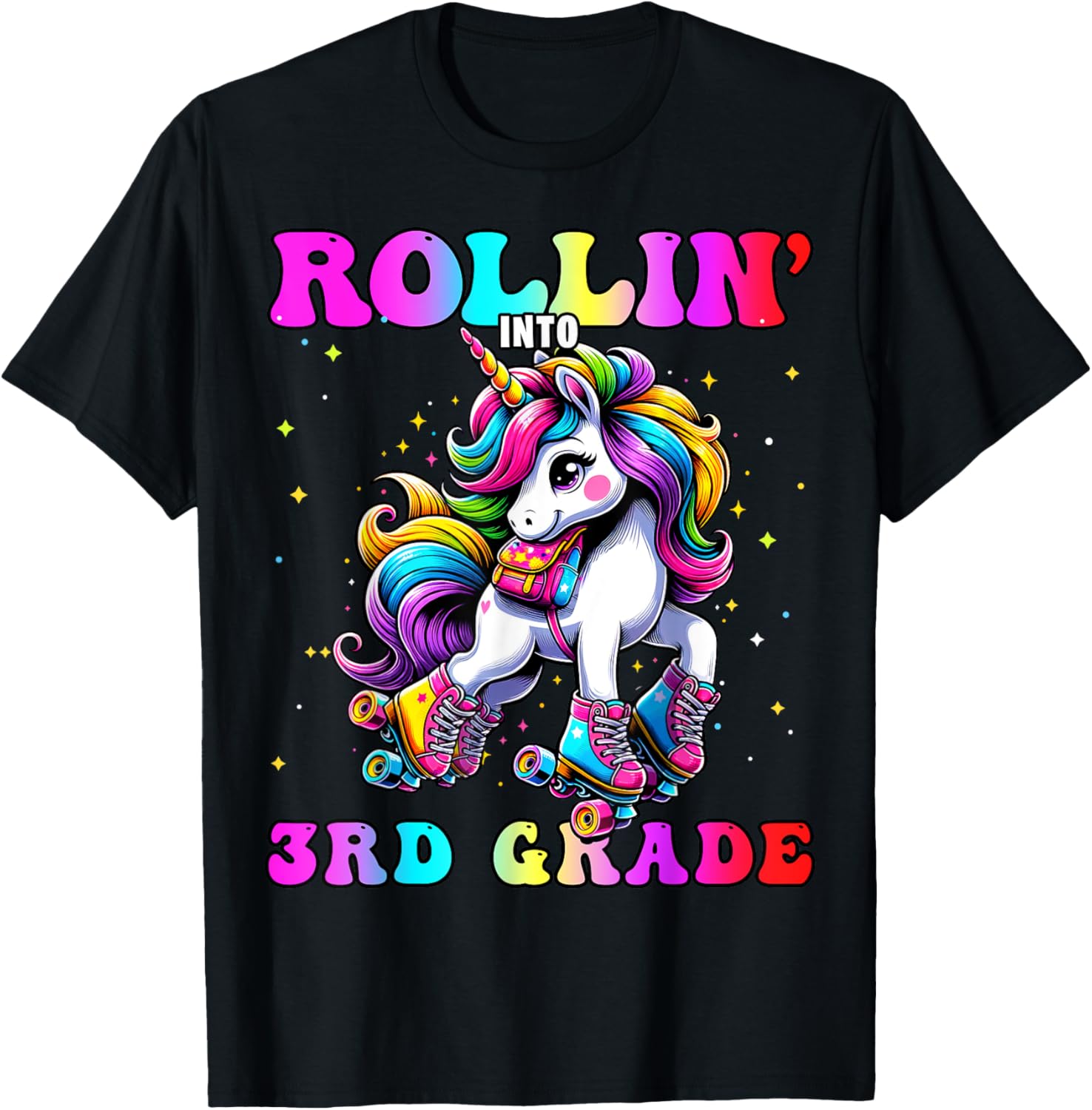 3rd Grade Back To School First Day Girl Rollin Unicorn T-Shirt - T-Shirt | Black