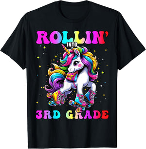 3rd Grade Back To School First Day Girl Rollin Unicorn T-Shirt - T-Shirt | Black