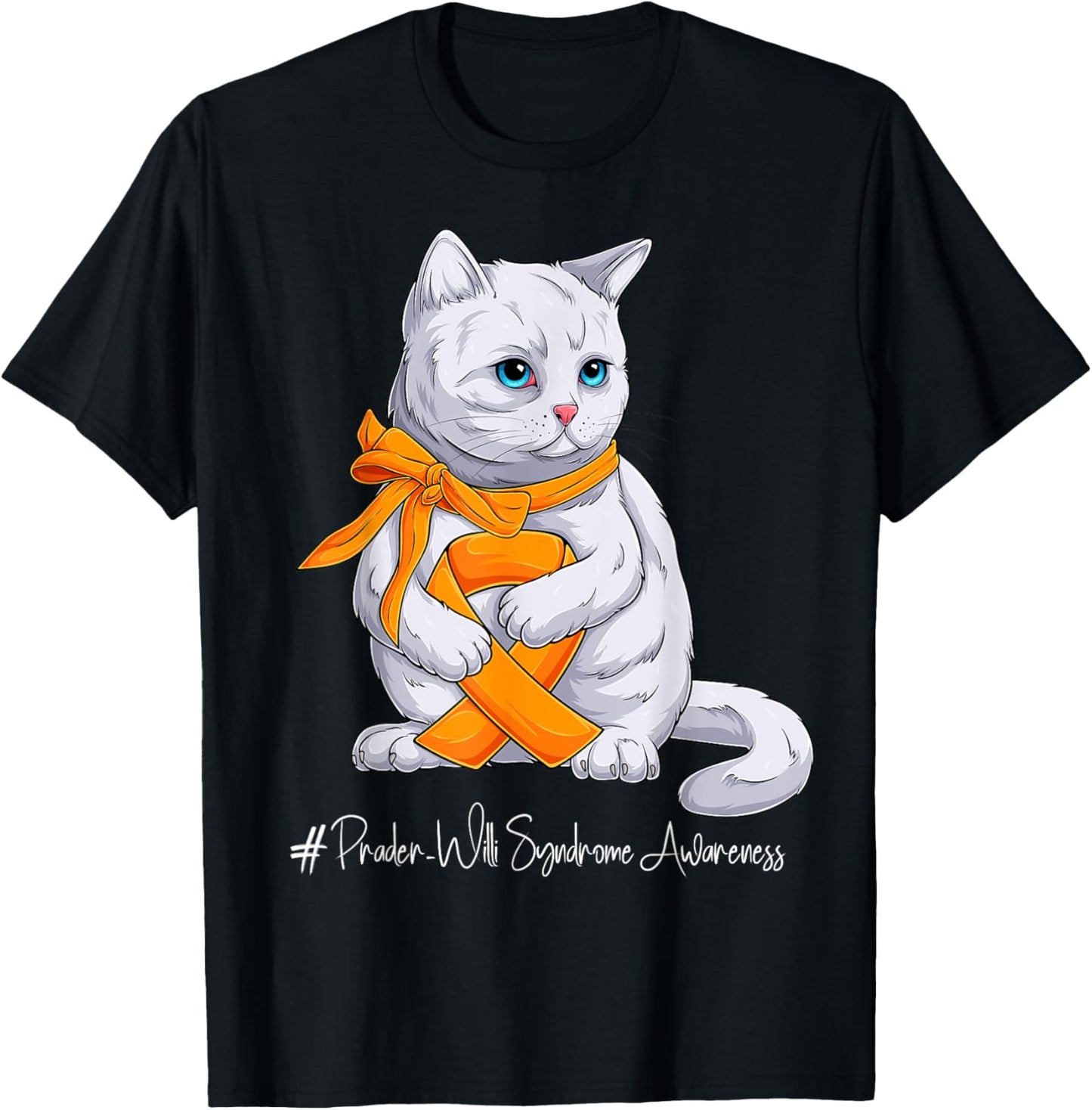 Prader-Willi Syndrome Awareness Month Orange Ribbon Cat T-Shirt - T-Shirt | Black