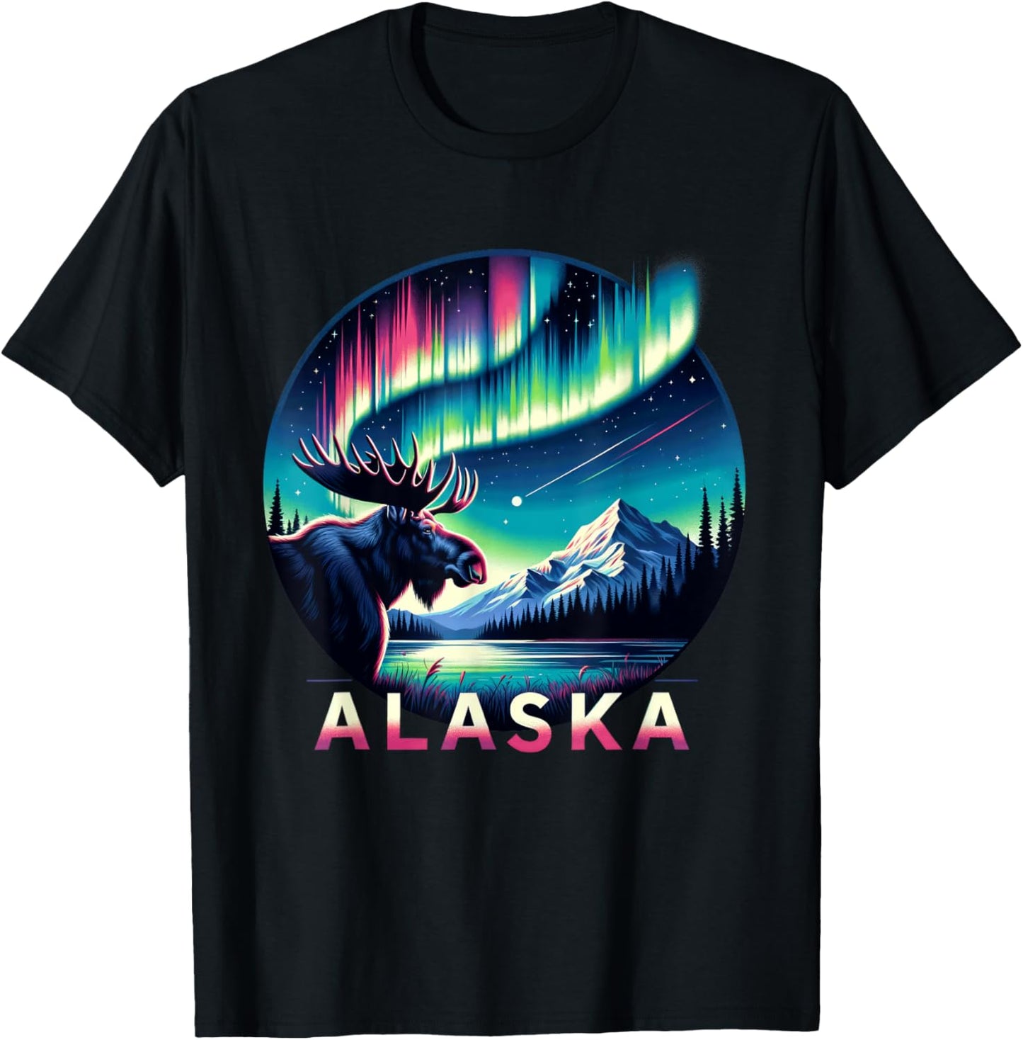 Alaska Northern Lights Aurora Viewing Alaska Vacation Moose T-Shirt - T-Shirt | Black