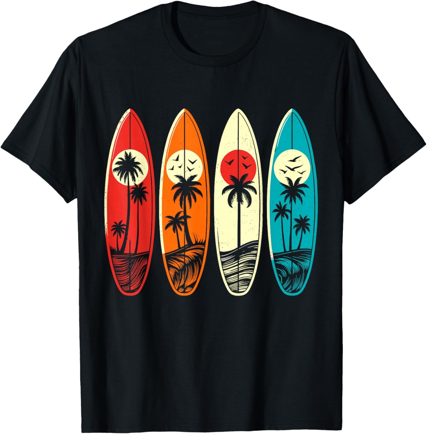 Tropical Hawaii Palm Surfing Beach Surfboard Retro Surf T-Shirt - T-Shirt | Black