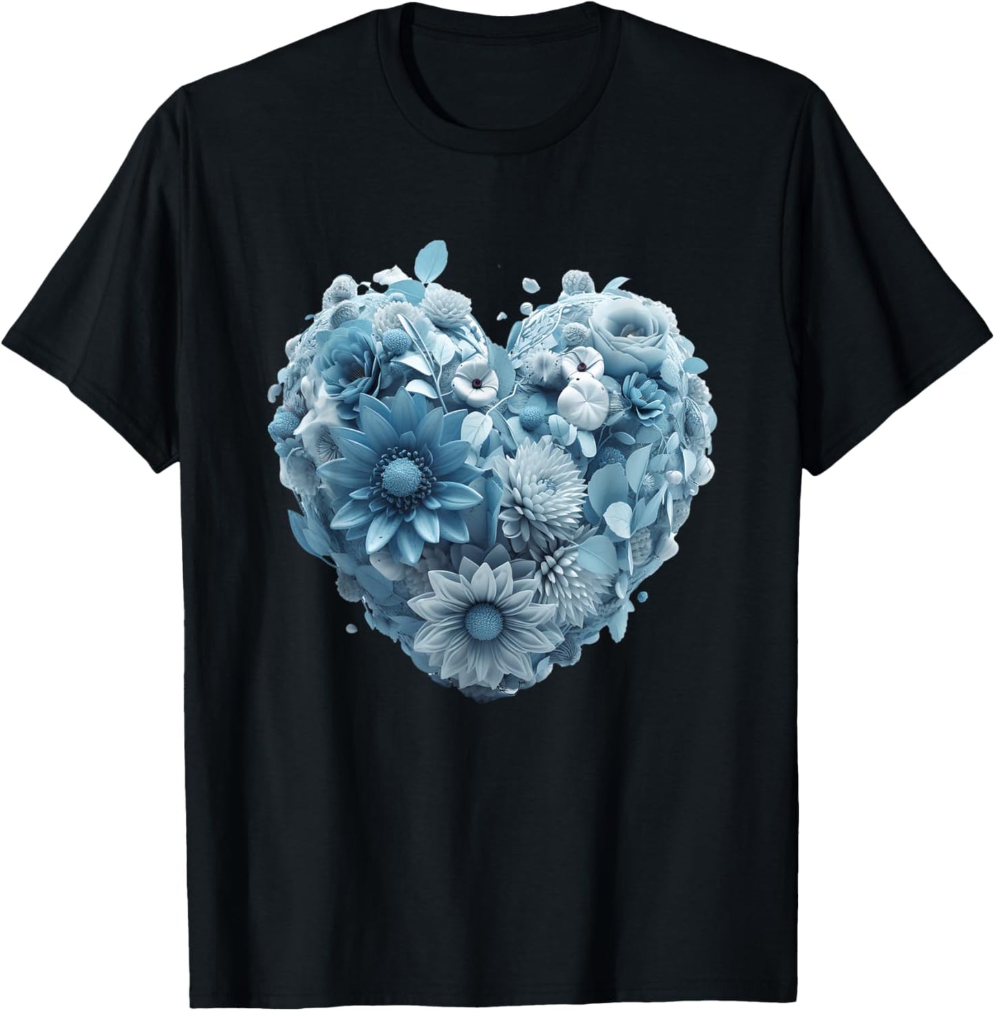 Cute Light Blue Heart Graphic Made of Flowers Girl T-Shirt - T-Shirt | Black