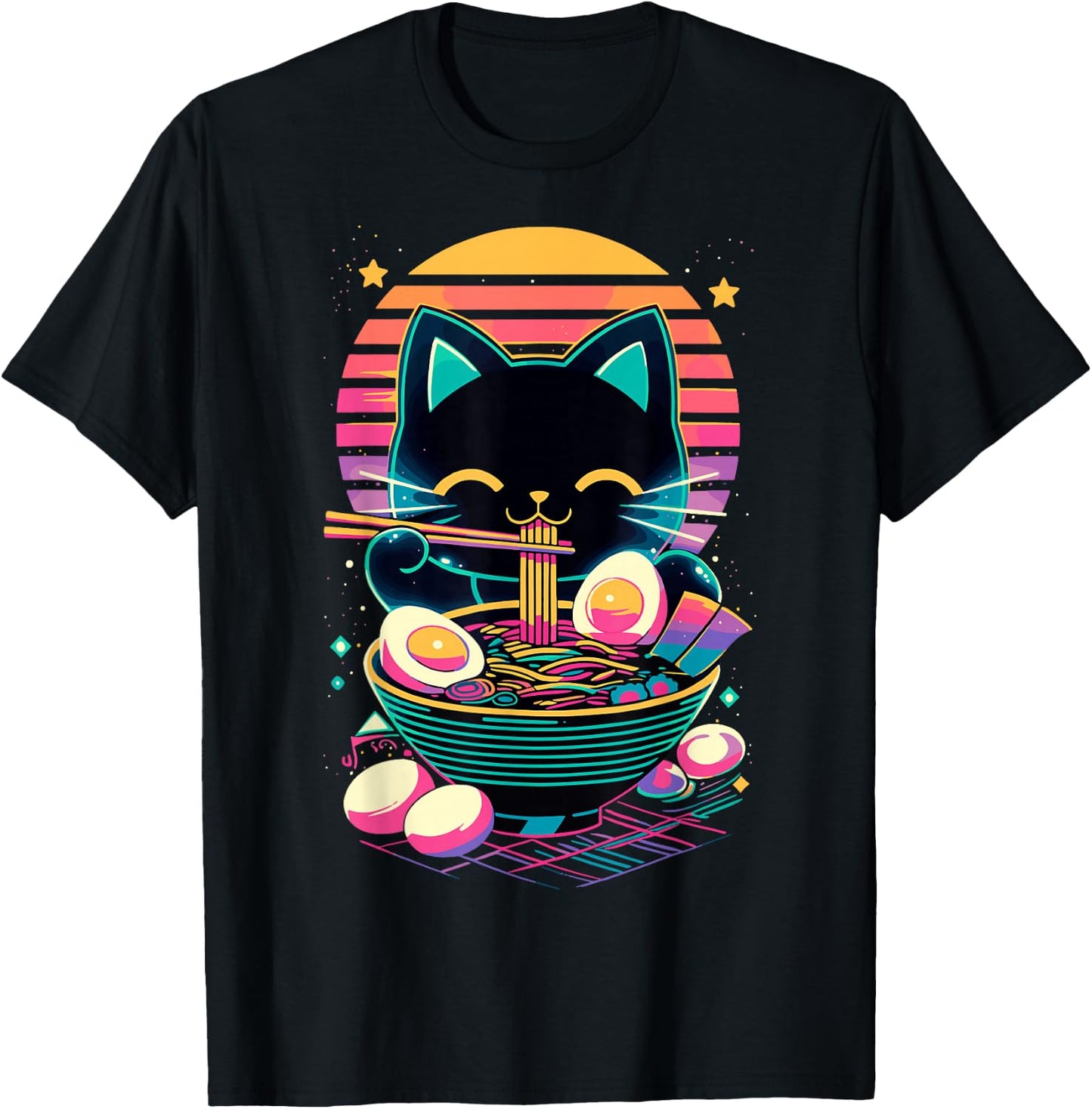 Anime Cat Eating Ramen Japanese Ramen Cat Japan T-Shirt - T-Shirt | Black