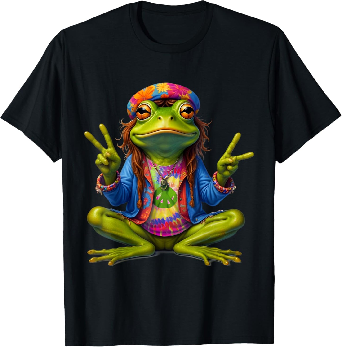 Tie-Dye Frog Peace Sign 60s 70s Hippie Men Women T-Shirt - T-Shirt | Black