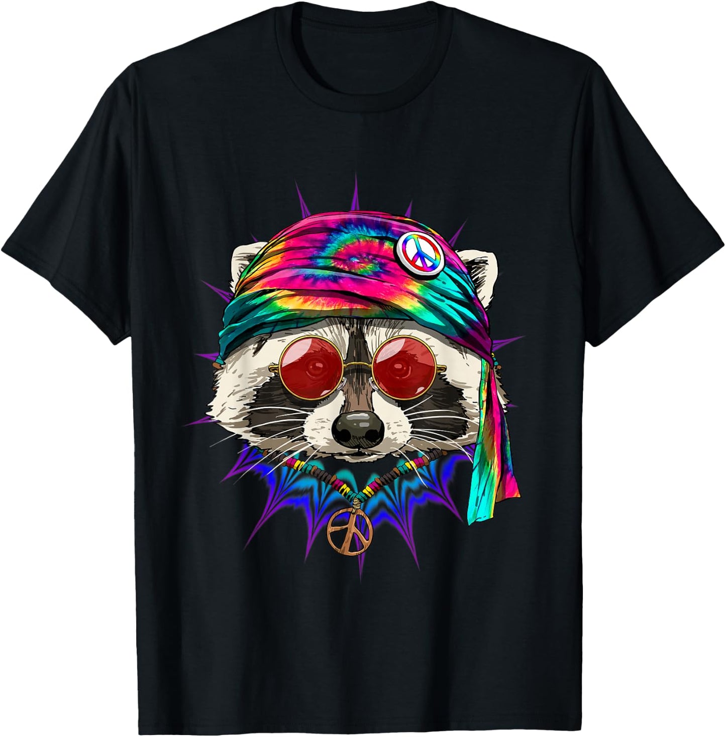 Hippie Raccoon Tie Dye Peace Sign Psychedelic Trash Panda T-Shirt - T-Shirt | Black