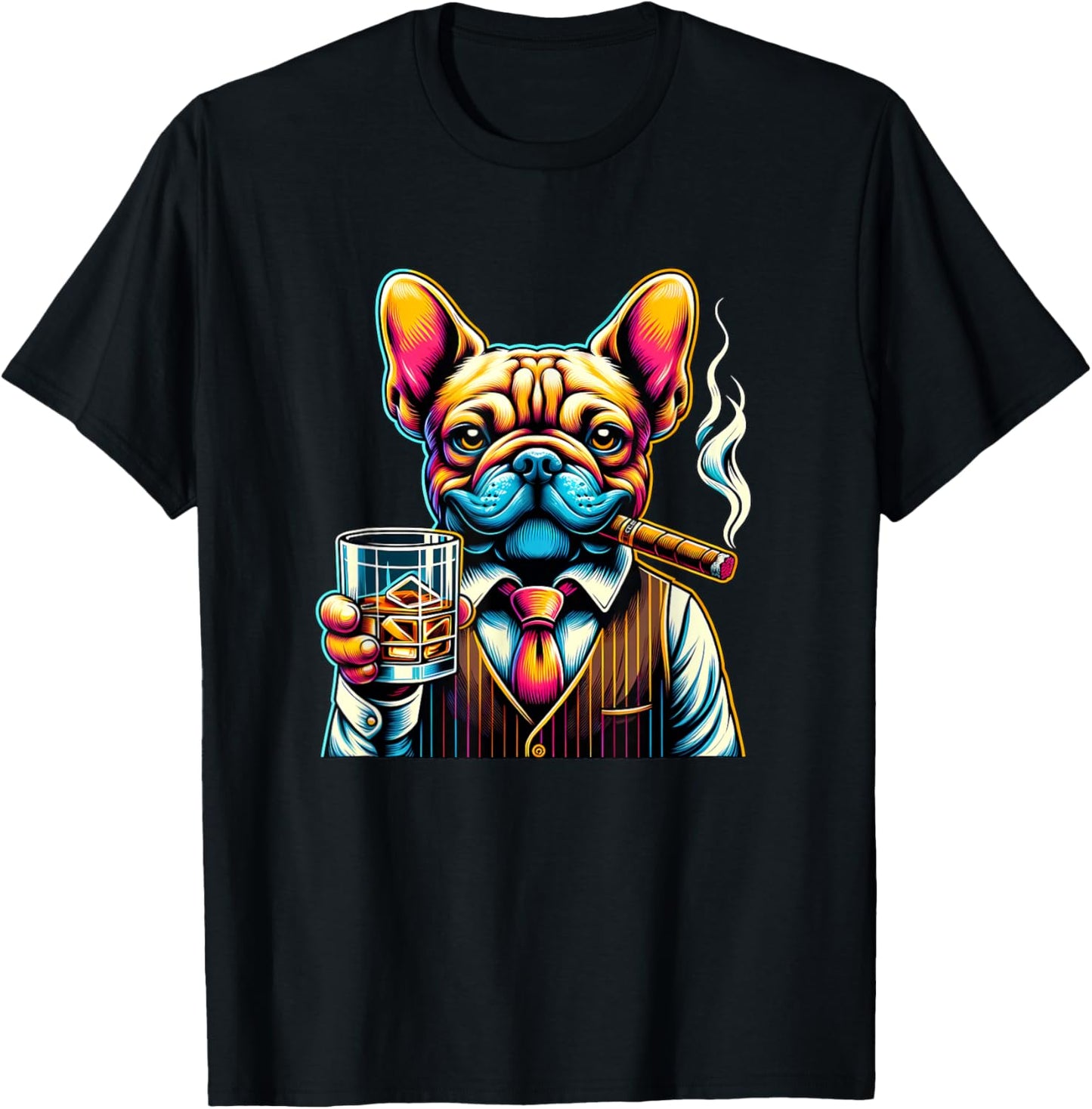 Frenchie dog Cigar And Whiskey Men Women T-Shirt - T-Shirt | Black