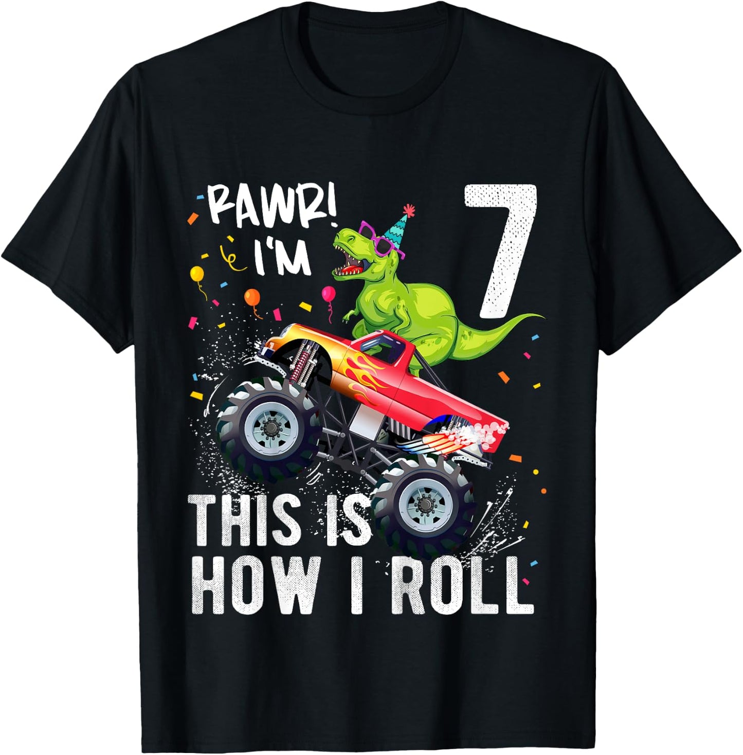 T Rex Dinosaur Monster Truck 7th Birthday Boys and Girls T-Shirt - T-Shirt | Black