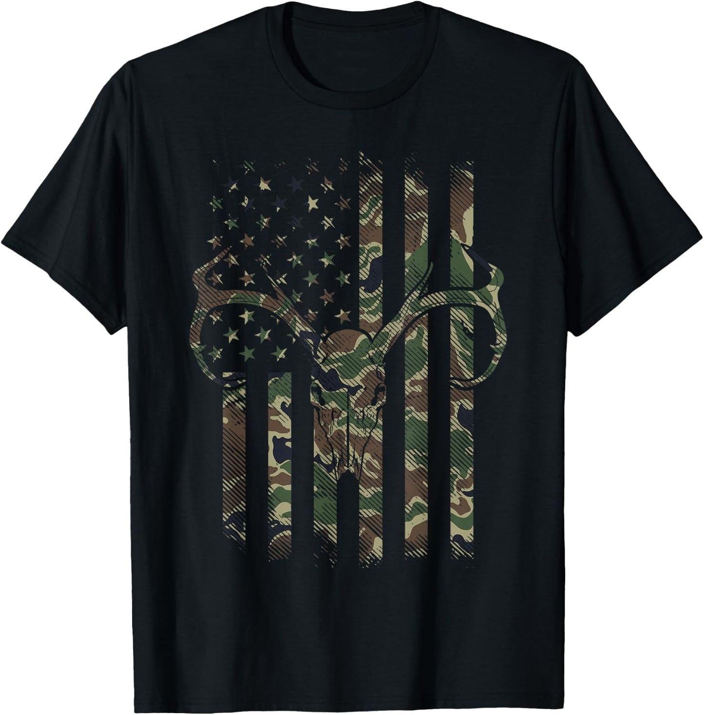 Camo American Flag Deer Skull Elk Hunting USA Hunter Gift T-Shirt - T-Shirt | Black