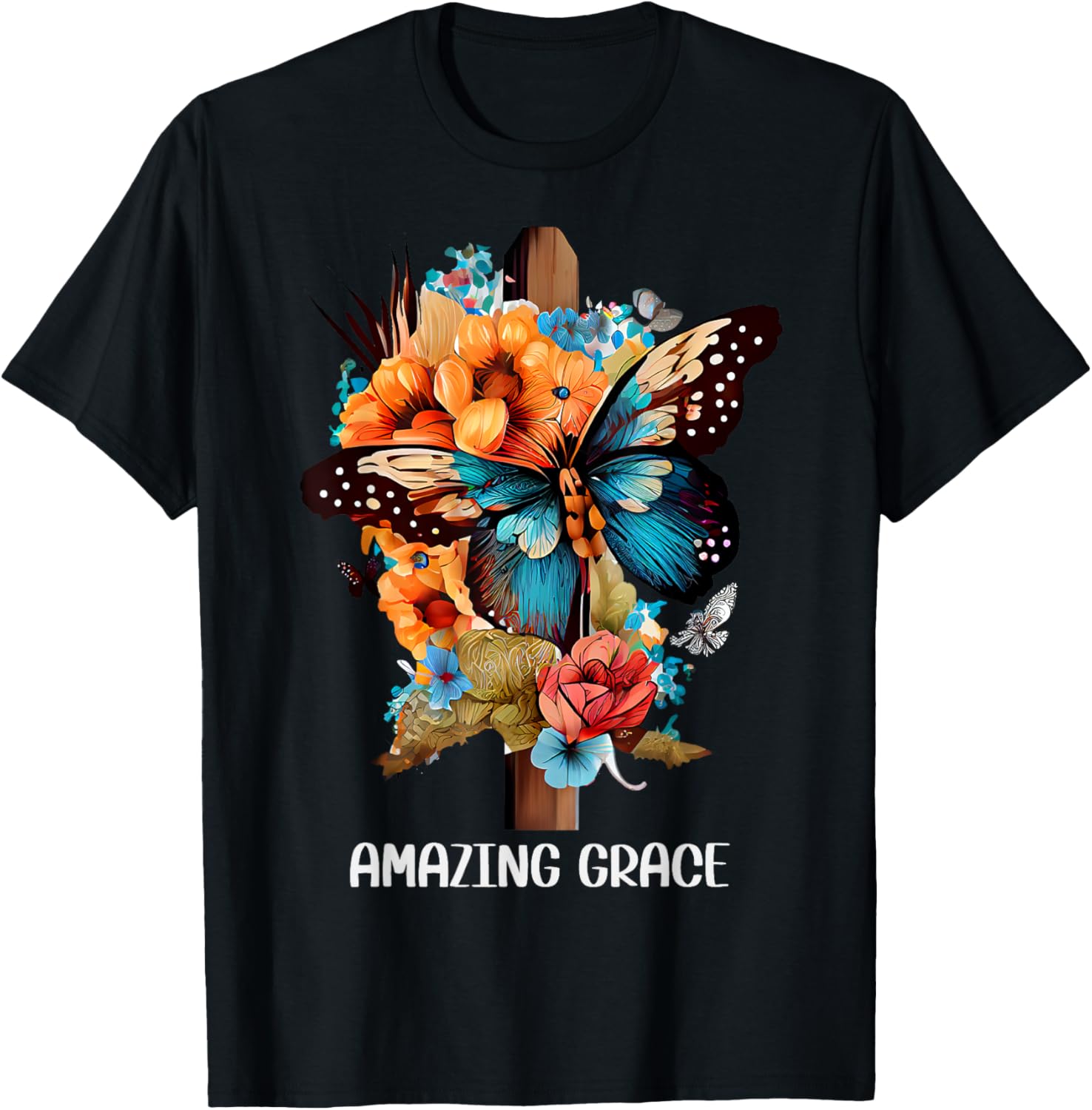 Amazing grace Christian Cross Butterfly Flowers Floral Faith T-Shirt - T-Shirt | Black