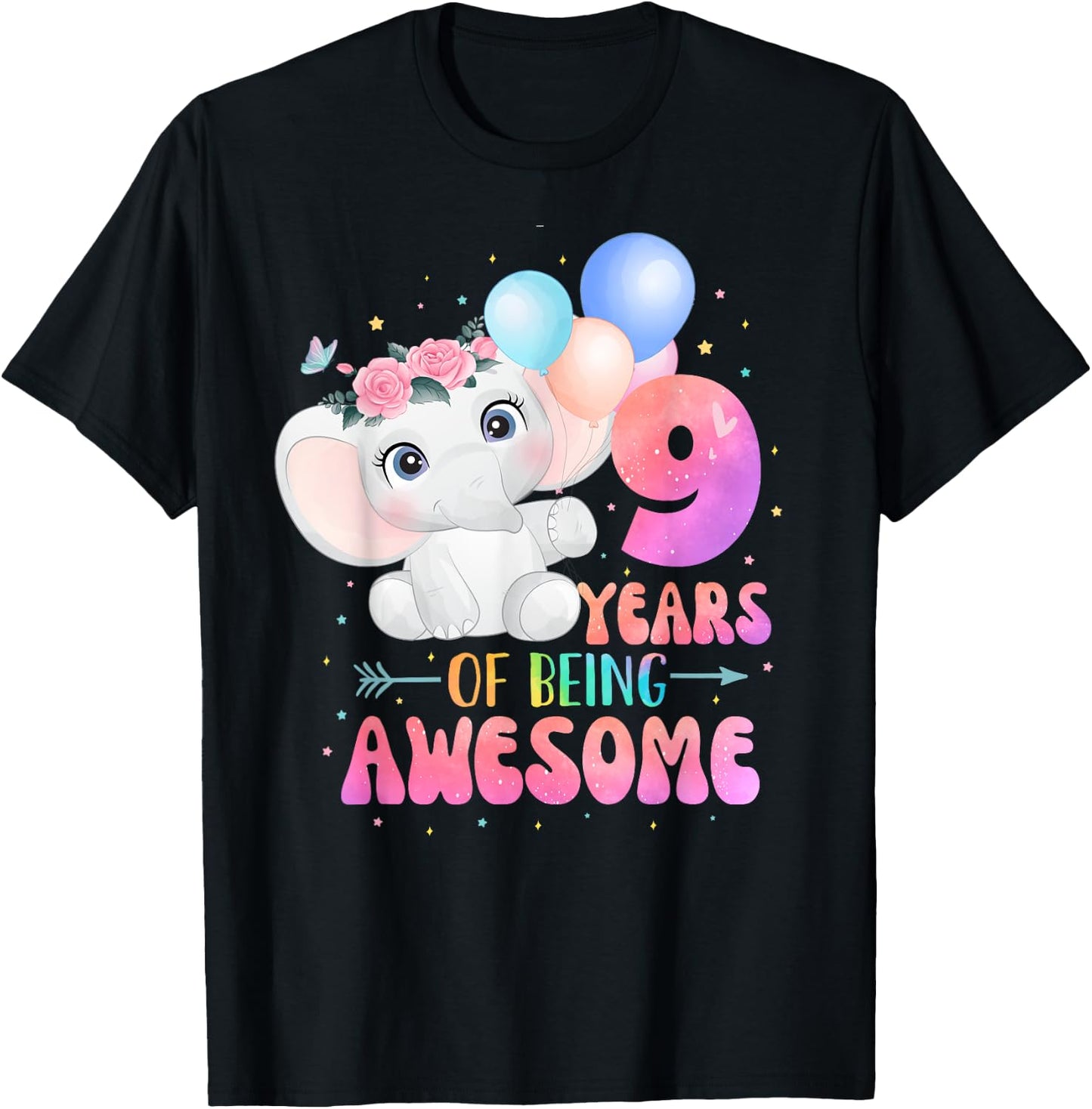 9 Years Of Being Awesome Cute Elephant 9th Birthday Girl T-Shirt - T-Shirt | Black