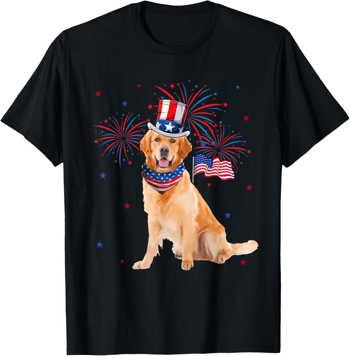 Golden Retriever Costume American Flag 4th of July Fireworks Women Kids Men T-Shirt - T-Shirt | Black