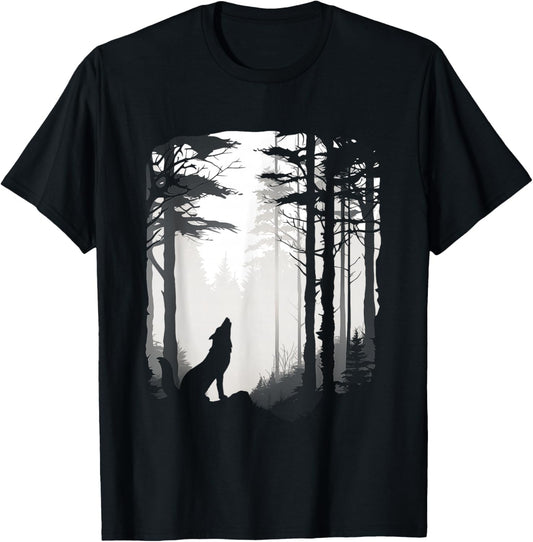 Wolf Howling Silhouette Forest Wildlife T-Shirt - T-Shirt | Black