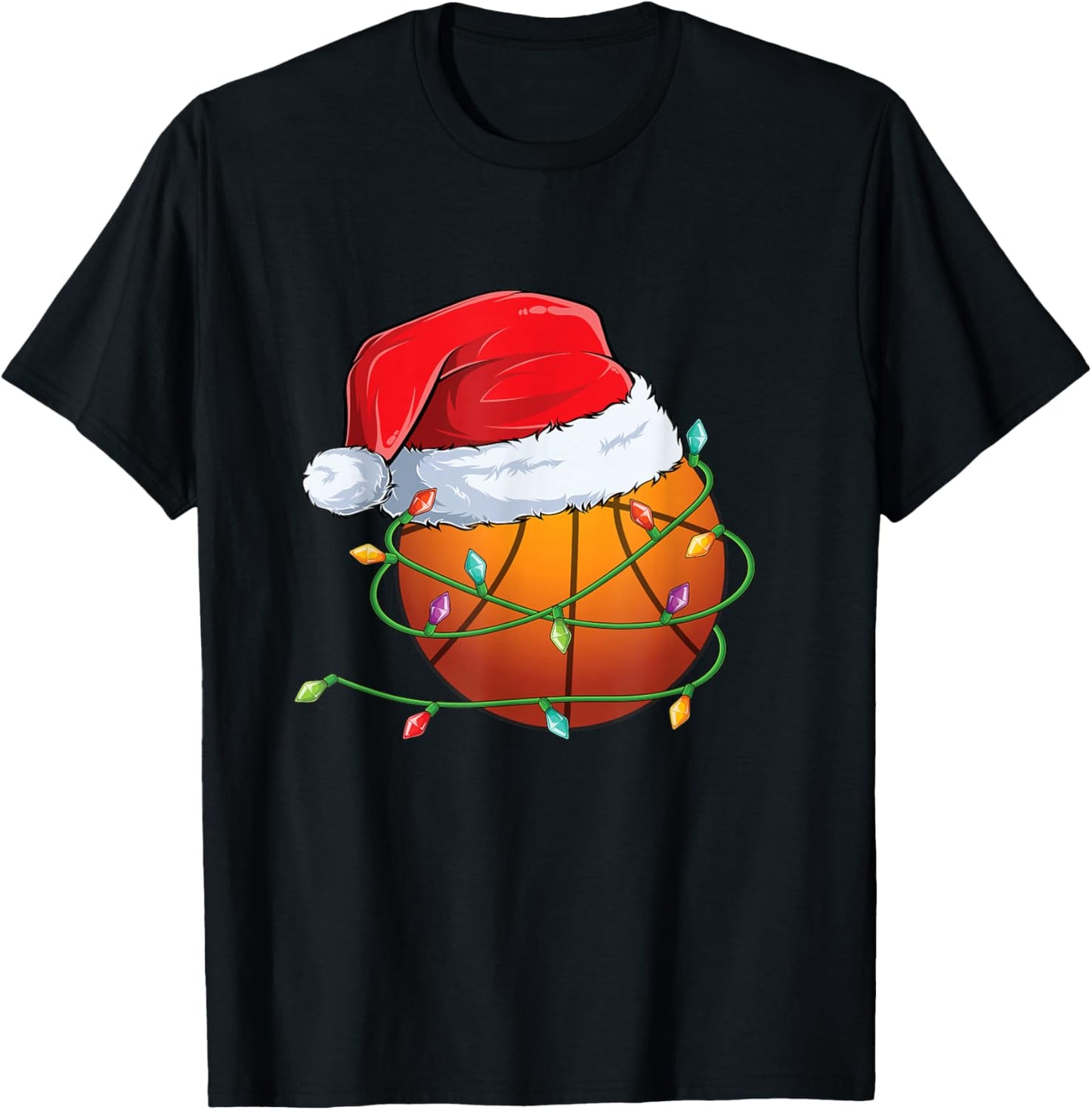 Christmas Basketball Santa Hat wrapped in Holiday Lights T-Shirt - T-Shirt | Black