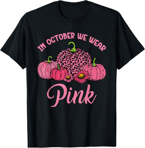 In October We Wear Pink Pumpkin Cute Breast Cancer Halloween T-Shirt - T-Shirt | Black