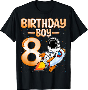 Birthday Boy 8 Years Old Kids Astronaut Space 8th Birthday T-Shirt - T-Shirt | Black
