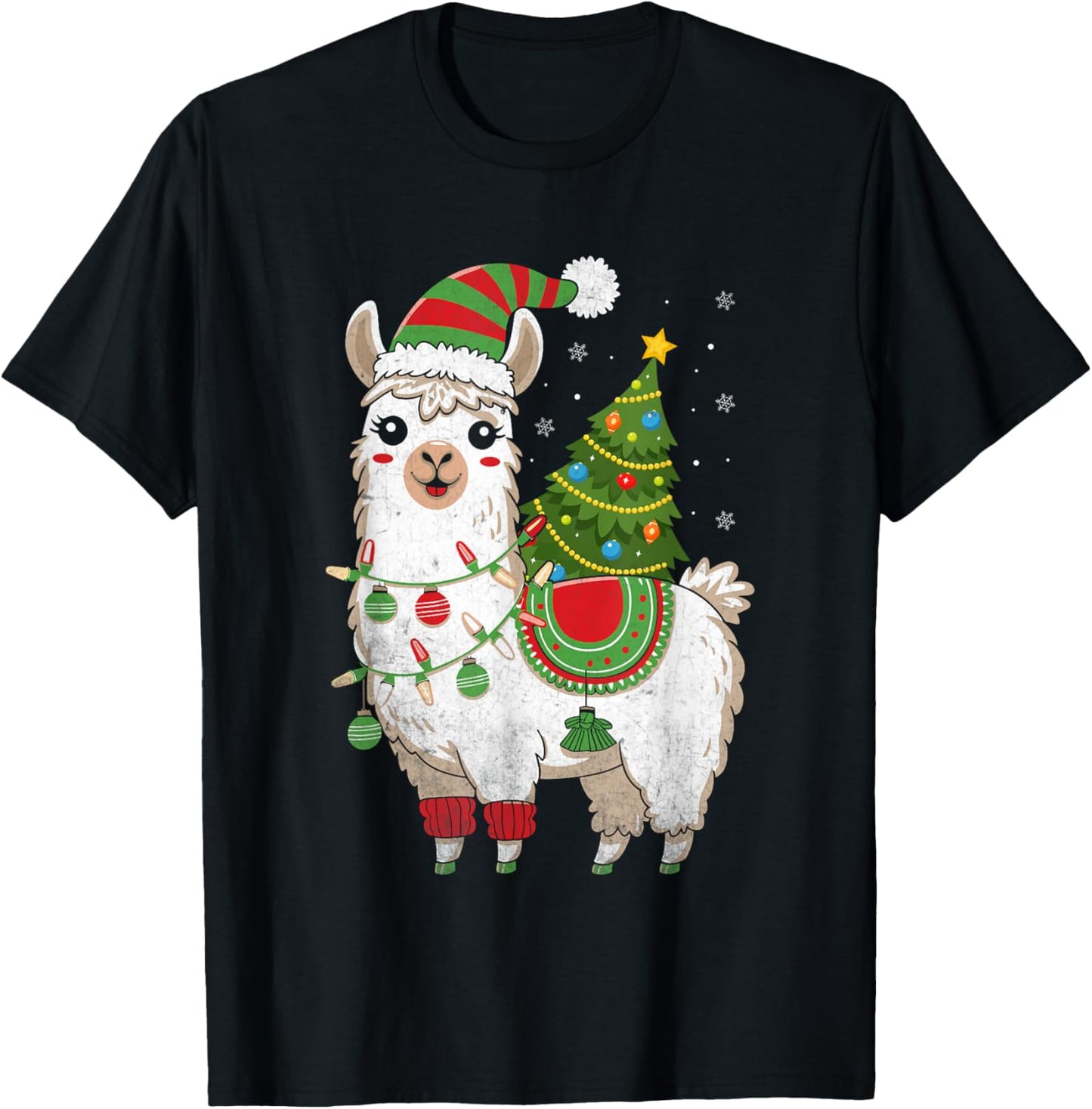 Llama Christmas Tree Cute X-mas Lights Festive Holiday T-Shirt - T-Shirt | Black