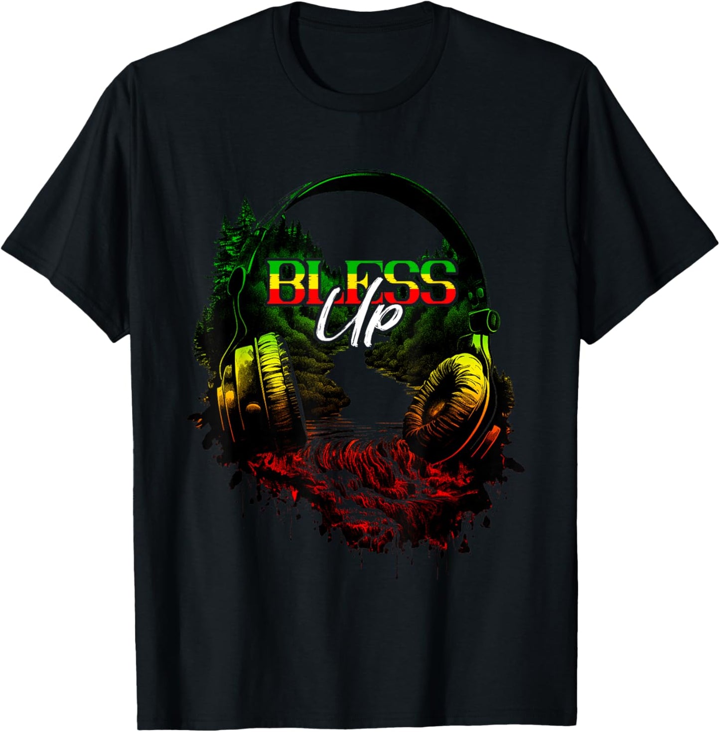 Bless Up Headphone Jamaica Reggae Music Lover Rasta Reggae T-Shirt - T-Shirt | Black